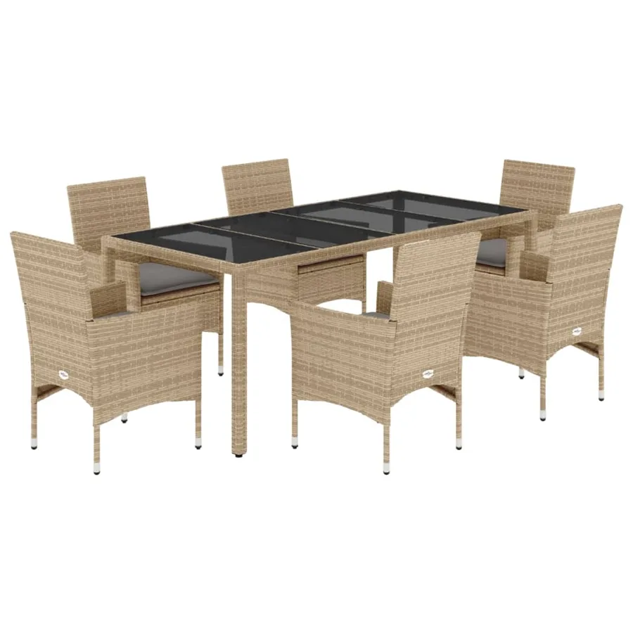 Ensemble à manger de jardin et coussins 7 pcs beige rotin verre - 2