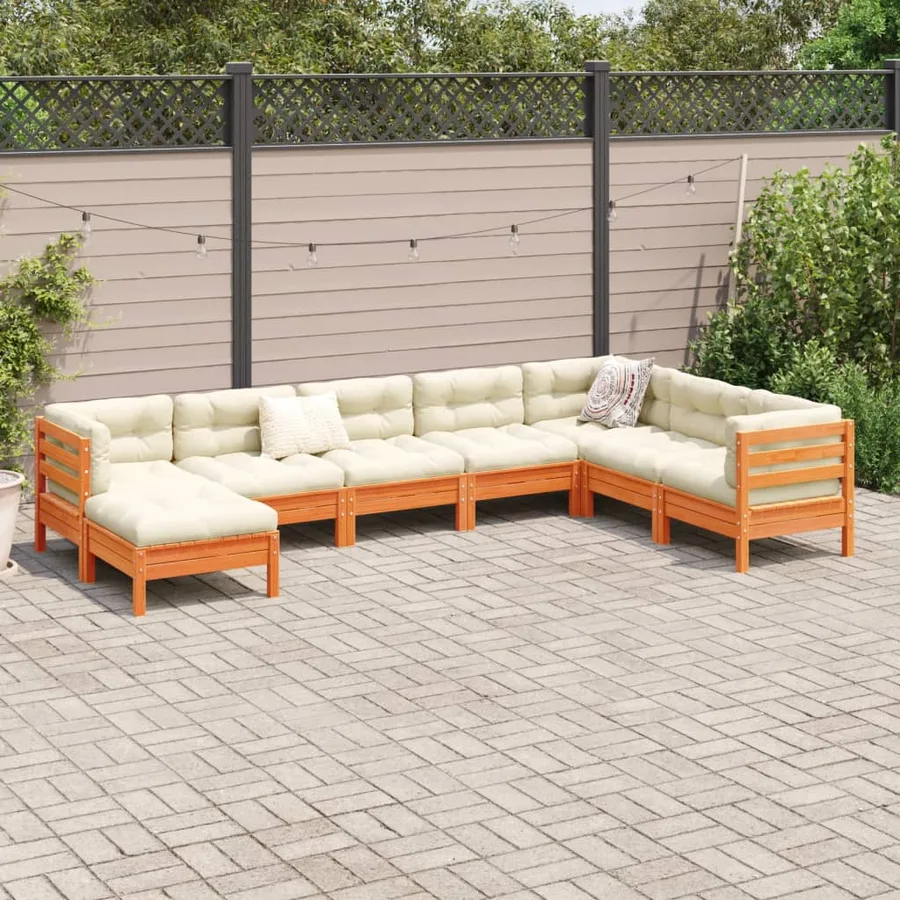 Salon de jardin 8 pcs avec coussins marron cire bois pin massif - 3