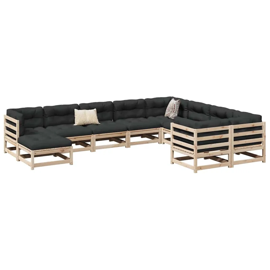 Salon de jardin 10 pcs avec coussins bois de pin massif
