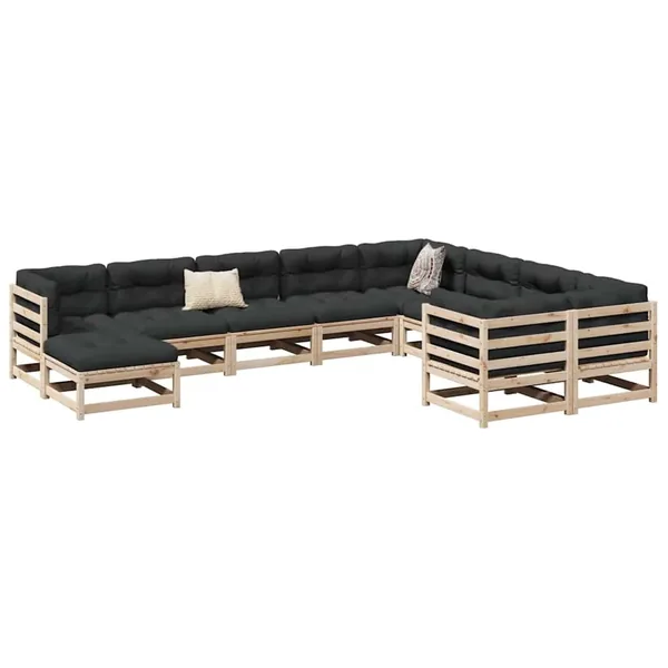 Salon de jardin 10 pcs avec coussins bois de pin massif