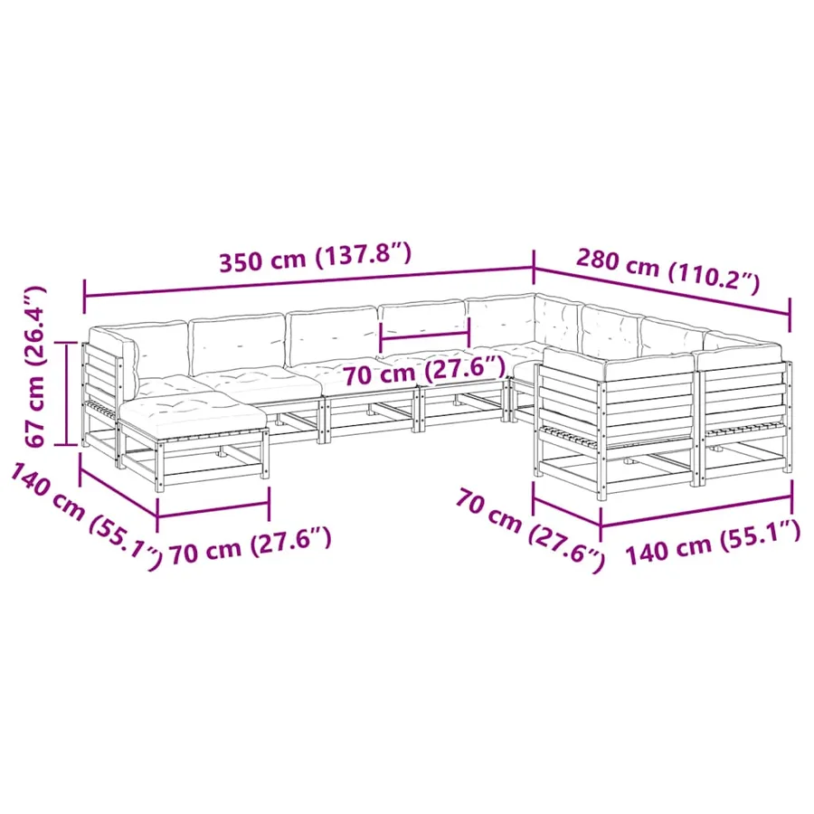 Salon de jardin 10 pcs avec coussins bois de pin massif - 12
