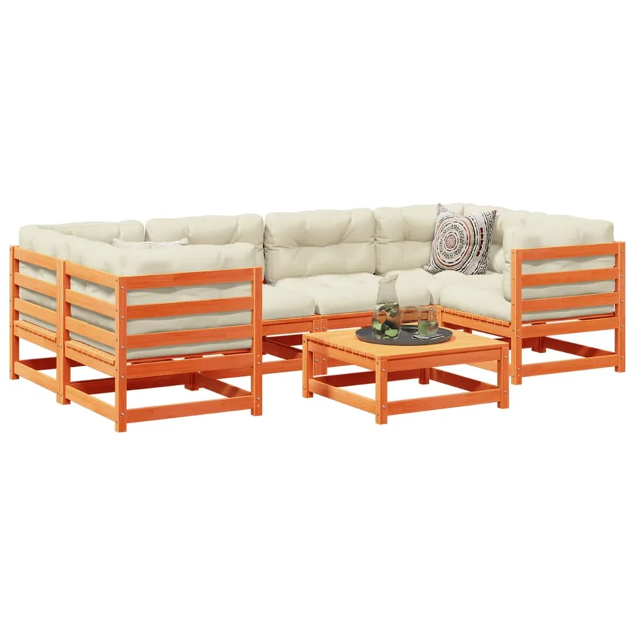 Salon de jardin 7 pcs avec coussins cire marron bois pin massif