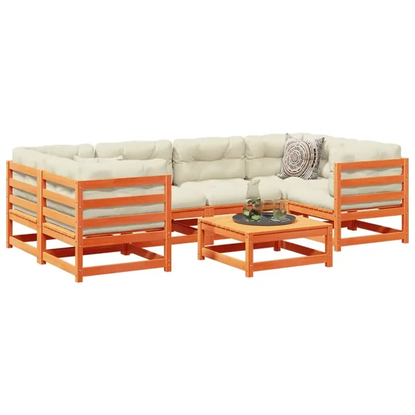 Salon de jardin 7 pcs avec coussins cire marron bois pin massif