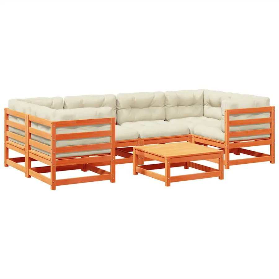 Salon de jardin 7 pcs avec coussins cire marron bois pin massif - 2