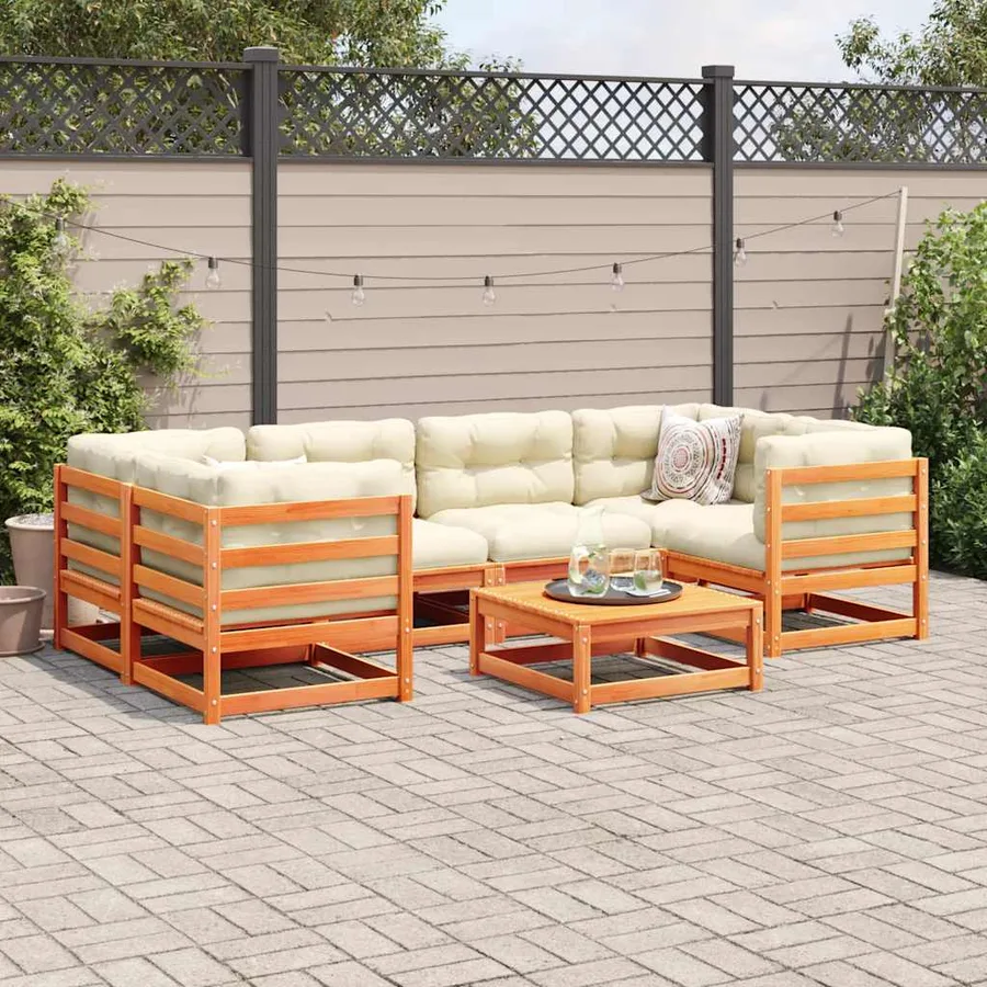 Salon de jardin 7 pcs avec coussins cire marron bois pin massif - 3