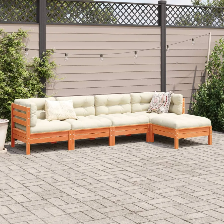 Salon de jardin 5 pcs avec coussins cire marron bois pin massif - 3