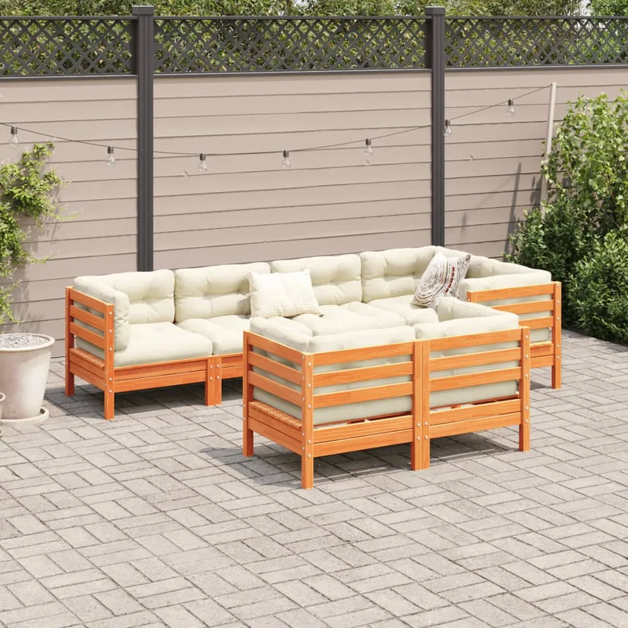 Salon de jardin 7 pcs avec coussins cire marron bois pin massif - 3