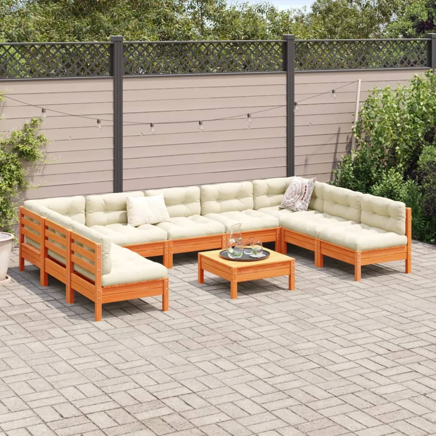 Salon de jardin 10pcs avec coussins cire marron bois pin massif - 3