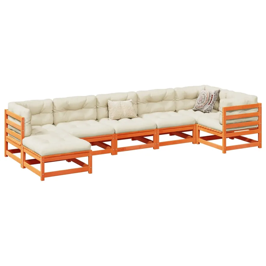 Salon de jardin 7 pcs avec coussins cire marron bois pin massif