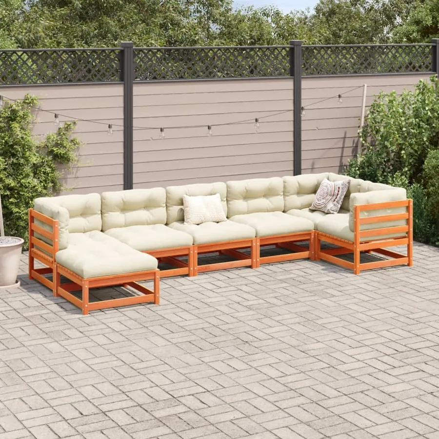 Salon de jardin 7 pcs avec coussins cire marron bois pin massif - 3