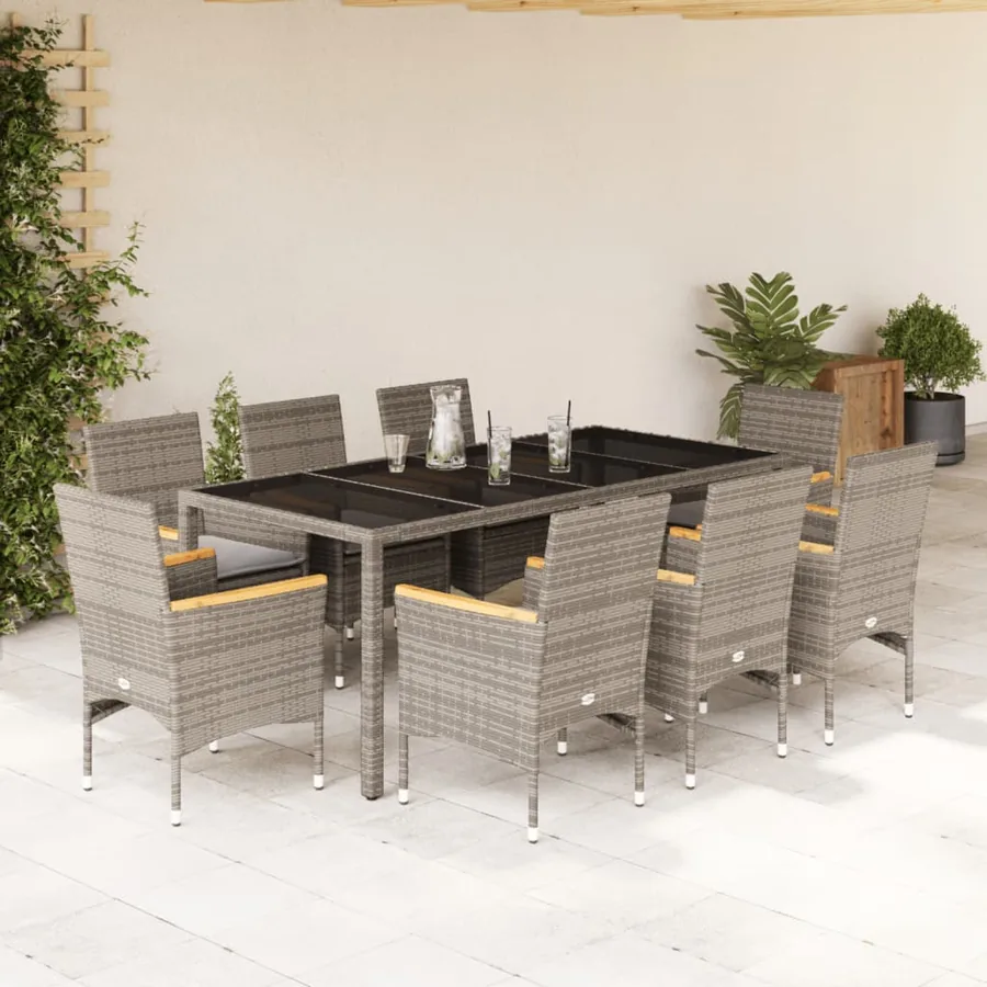 Ensemble à manger de jardin et coussins 9 pcs gris rotin verre