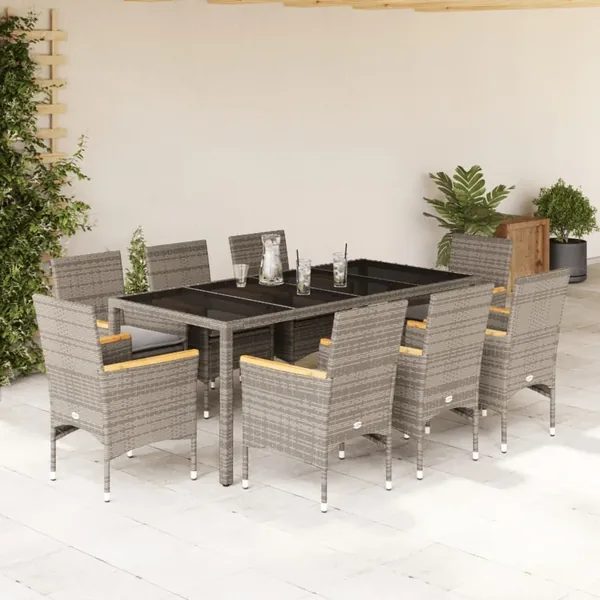 Ensemble à manger de jardin et coussins 9 pcs gris rotin verre
