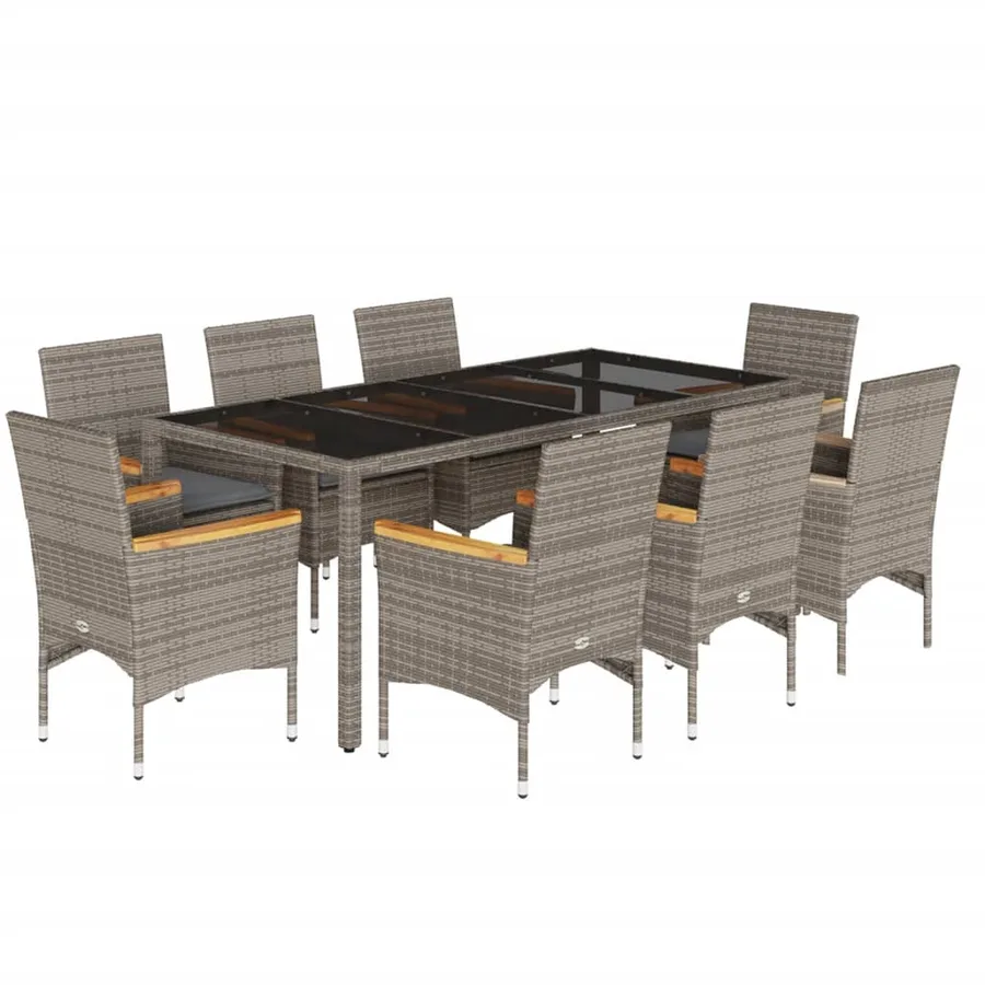 Ensemble à manger de jardin et coussins 9 pcs gris rotin verre - 2