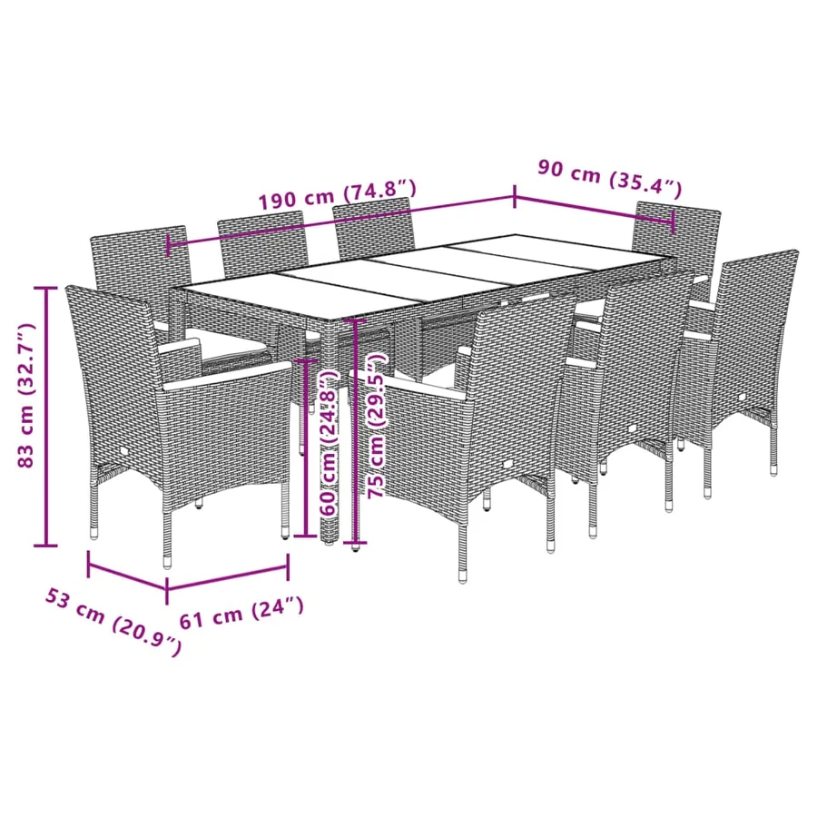 Ensemble à manger de jardin et coussins 9 pcs gris rotin verre - 7