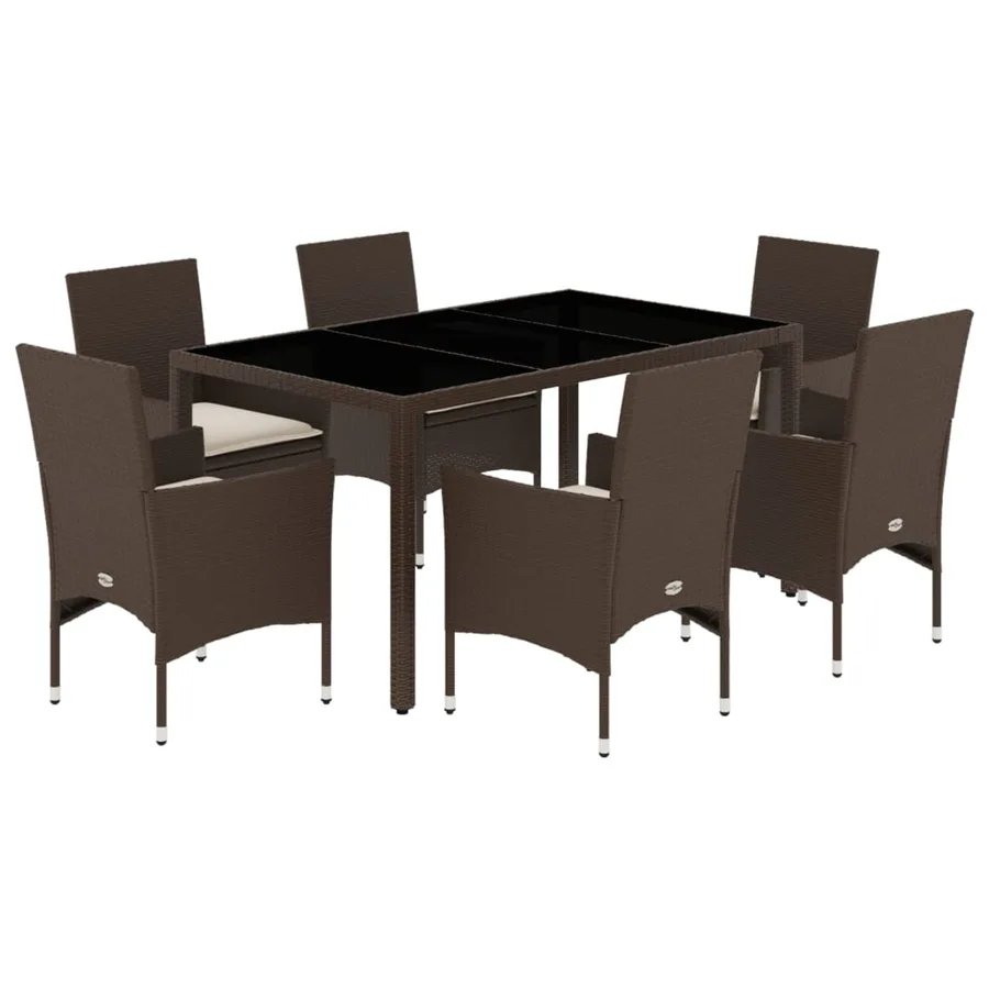 Ensemble à manger de jardin et coussins 7pcs marron rotin verre - 2