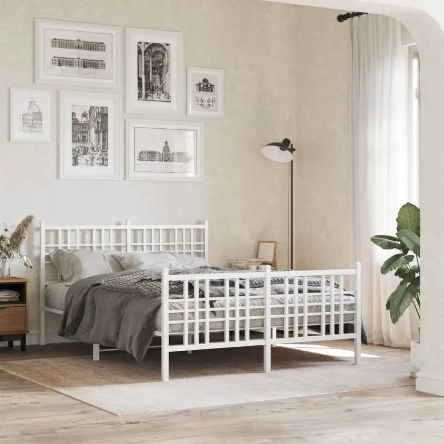 Cadre de lit métal sans matelas et pied de lit blanc 140x190 cm