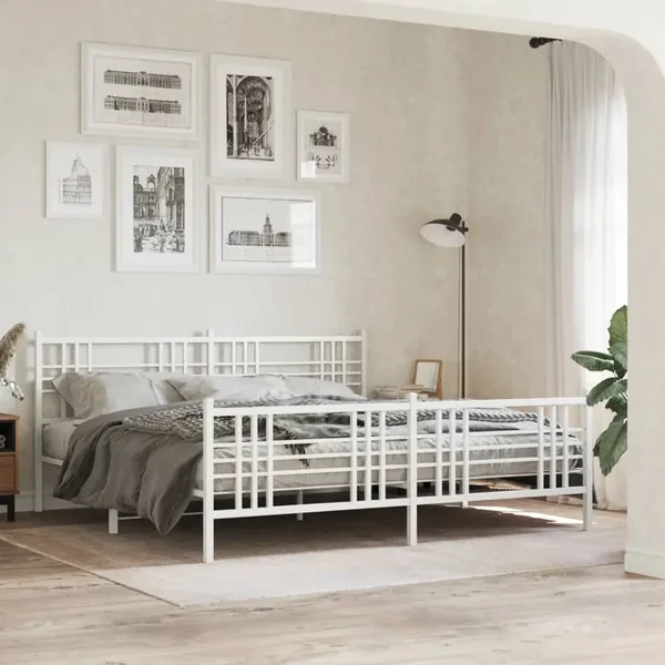 Cadre de lit métal sans matelas et pied de lit blanc 200x200 cm