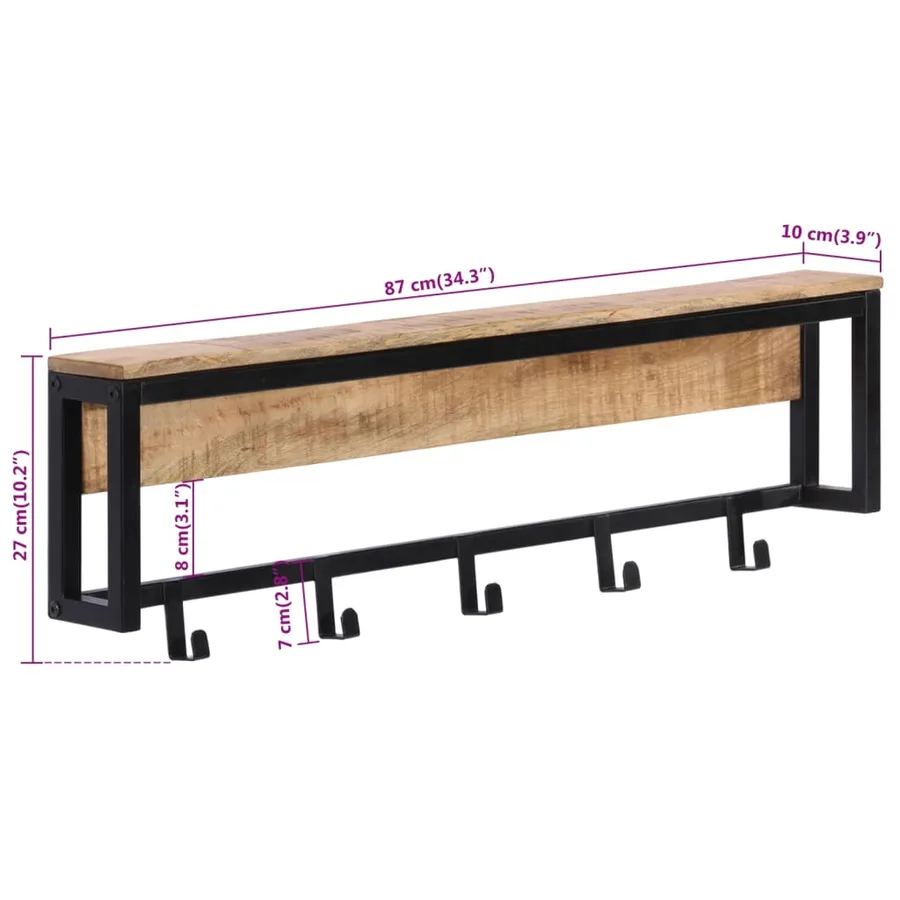 Porte-manteau 87x10x27 cm bois de manguier massif brut - 8