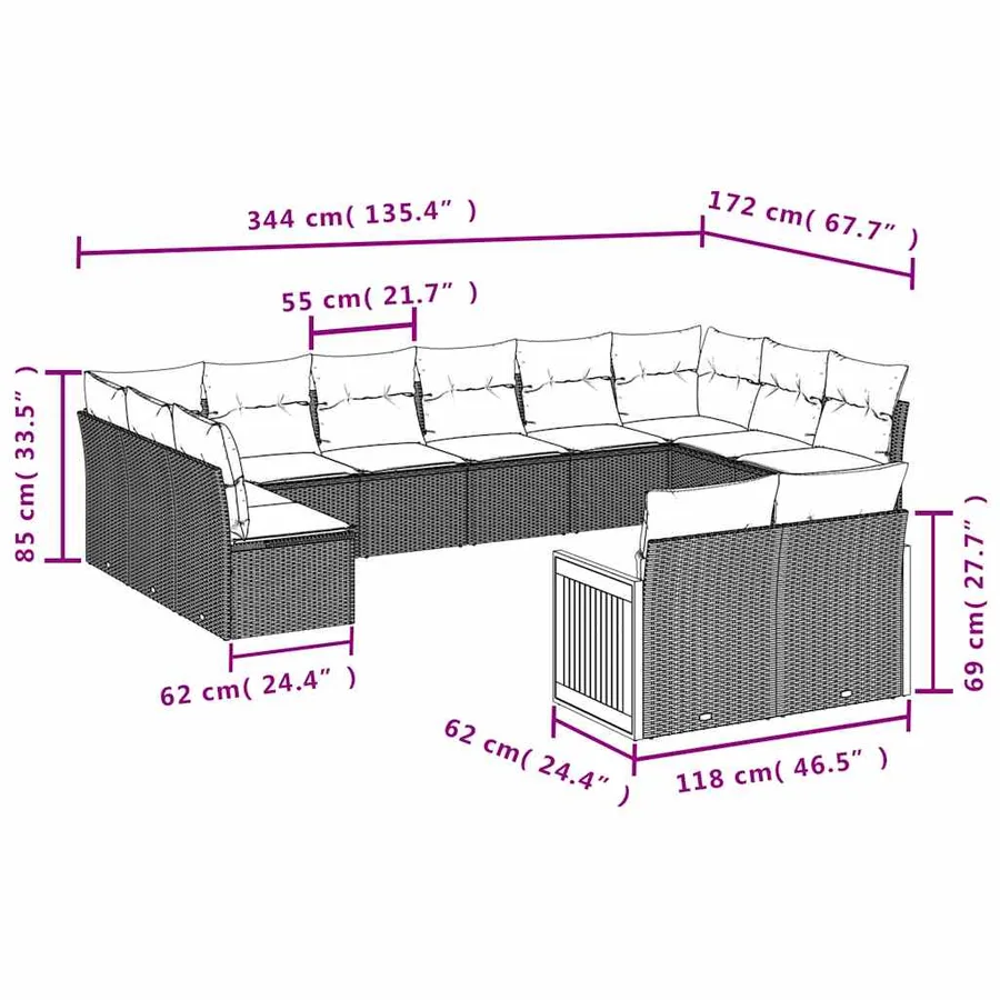 Salon de jardin 12 pcs avec coussins noir résine tressée - 3