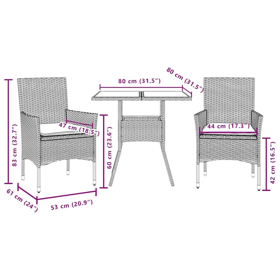 Ensemble à manger de jardin et coussins 3 pcs noir rotin acacia - 7