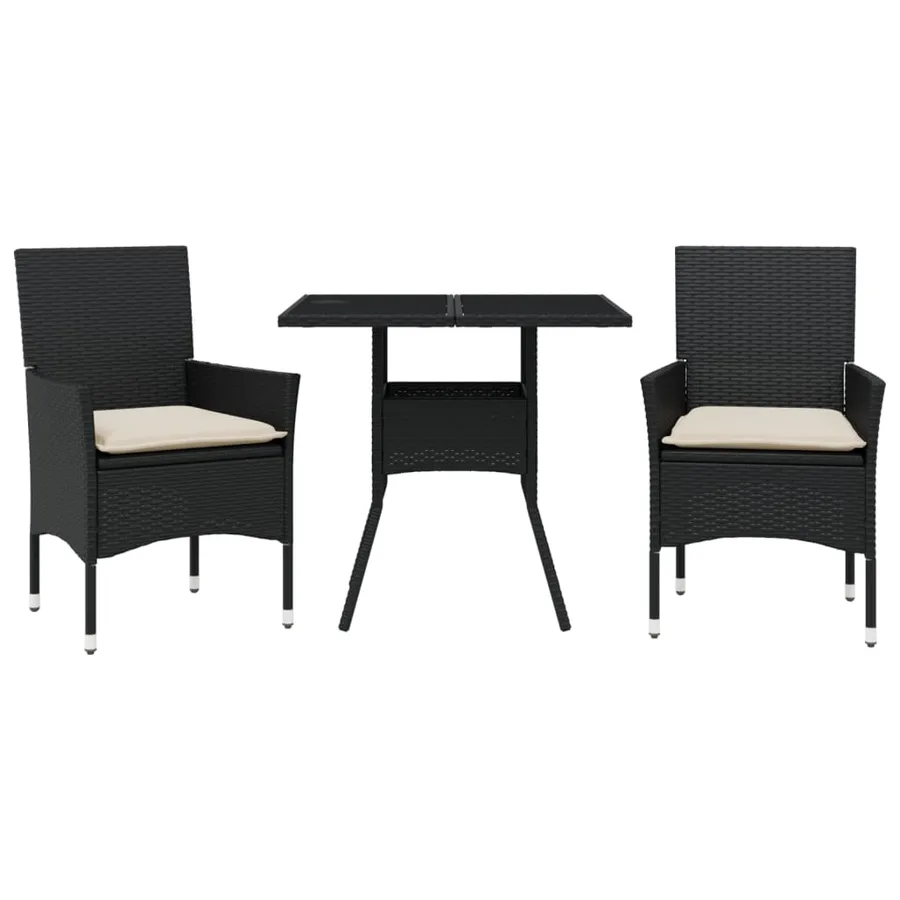 Ensemble à manger de jardin et coussins 3 pcs noir rotin verre - 2