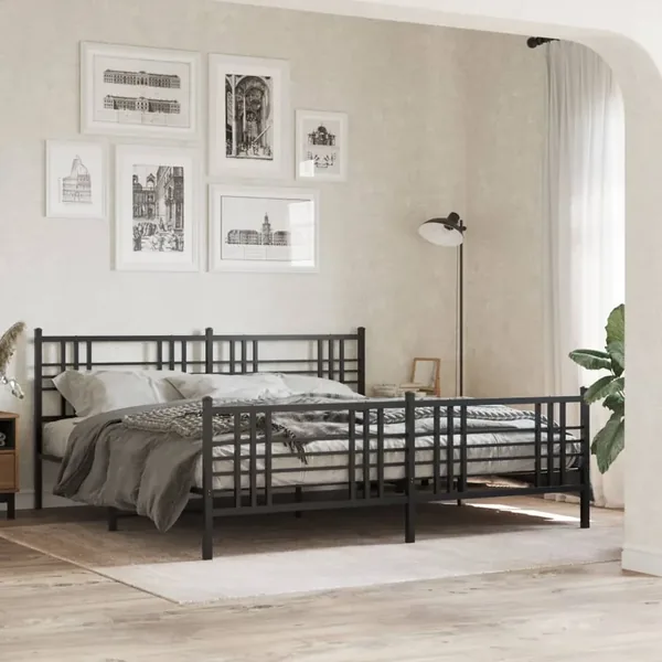 Cadre de lit métal sans matelas avec pied de lit noir 183x213cm