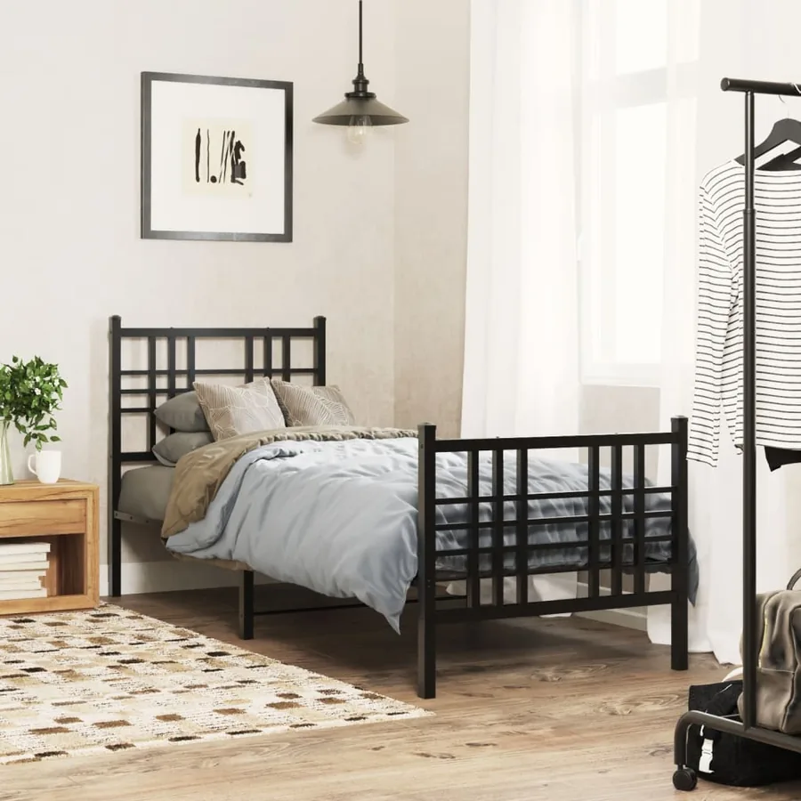 Cadre de lit métal sans matelas avec pied de lit noir 75x190 cm