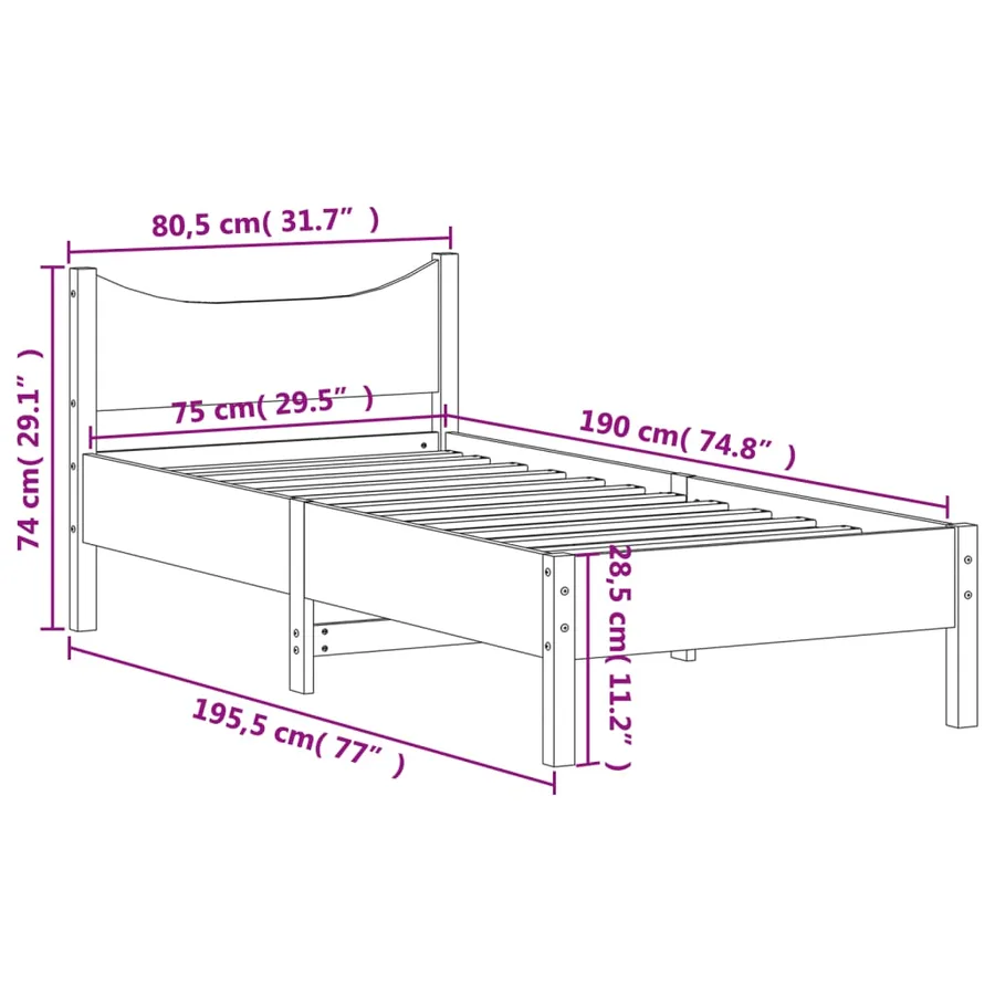 Cadre de lit sans matelas blanc 75x190 cm bois de pin massif - 9