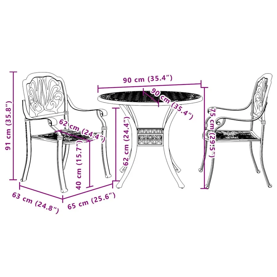 Ensemble de bistro 3 pcs noir aluminium coulé - 11