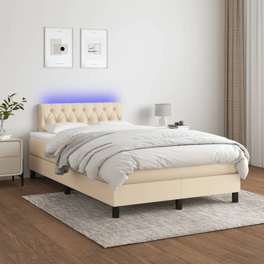 Sommier à lattes de lit matelas et LED crème 120x190 cm tissu - 5