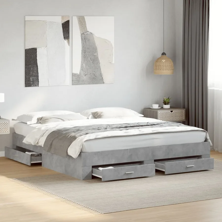 Cadre de lit avec tiroirs sans matelas gris béton 200x200 cm