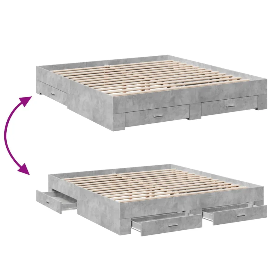 Cadre de lit avec tiroirs sans matelas gris béton 200x200 cm - 7