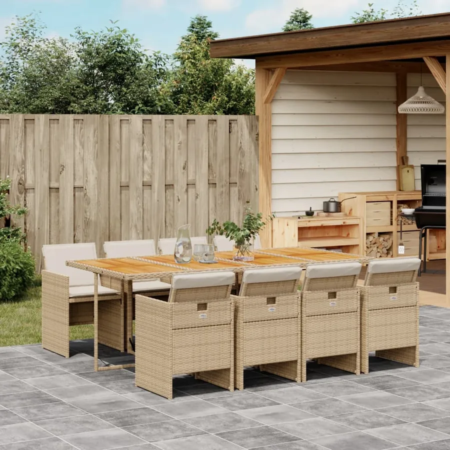 Ensemble à manger de jardin et coussins 9 pcs beige Poly rotin