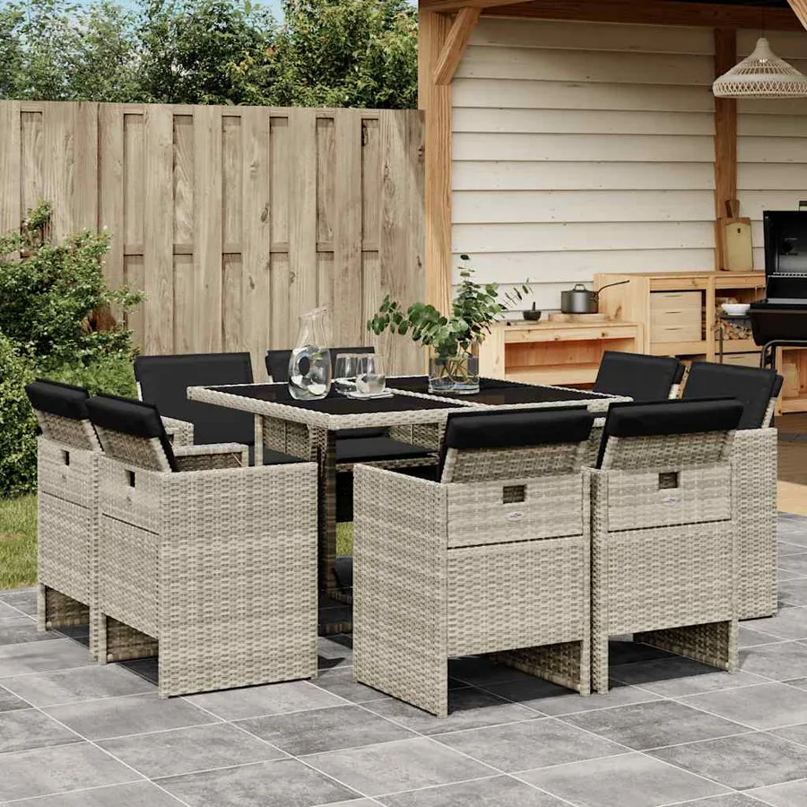 Ensemble à manger de jardin et coussins 9 pcs gris clair rotin