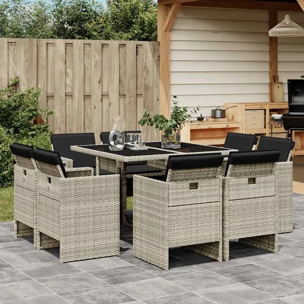 Ensemble à manger de jardin et coussins 9 pcs gris clair rotin