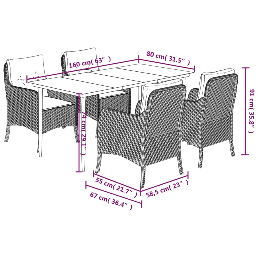 Ensemble à manger de jardin et coussins 5 pcs gris clair rotin - 7