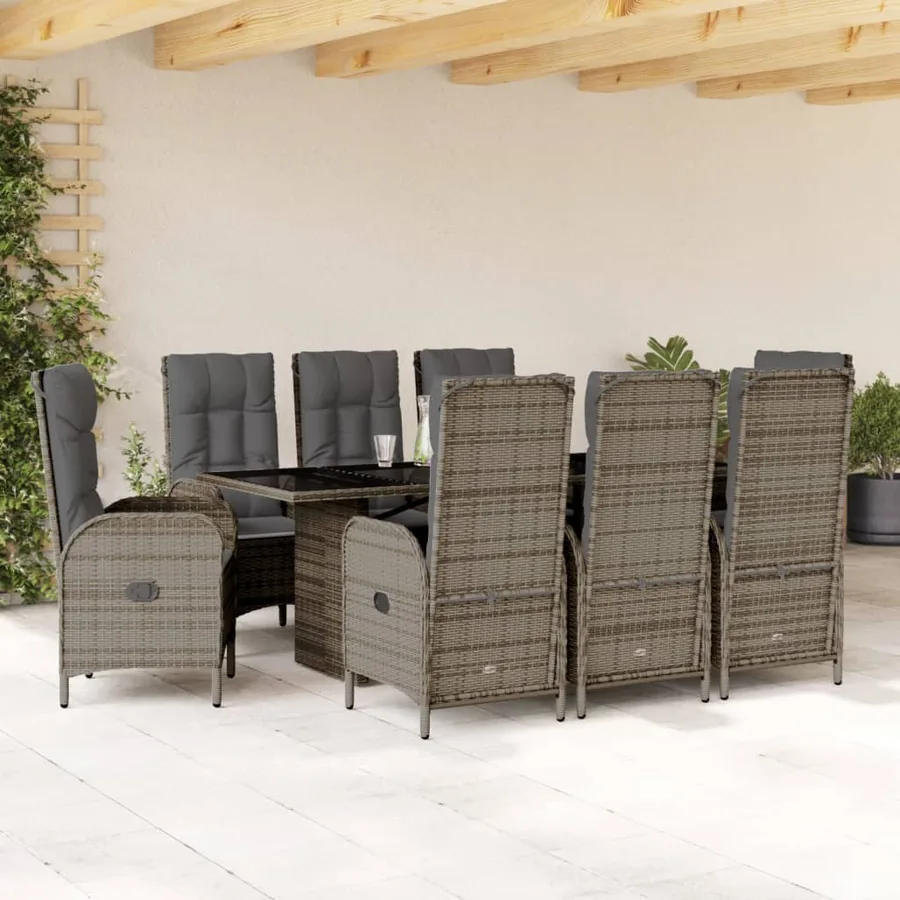 Ensemble à manger de jardin 9 pcs coussins gris résine tressée