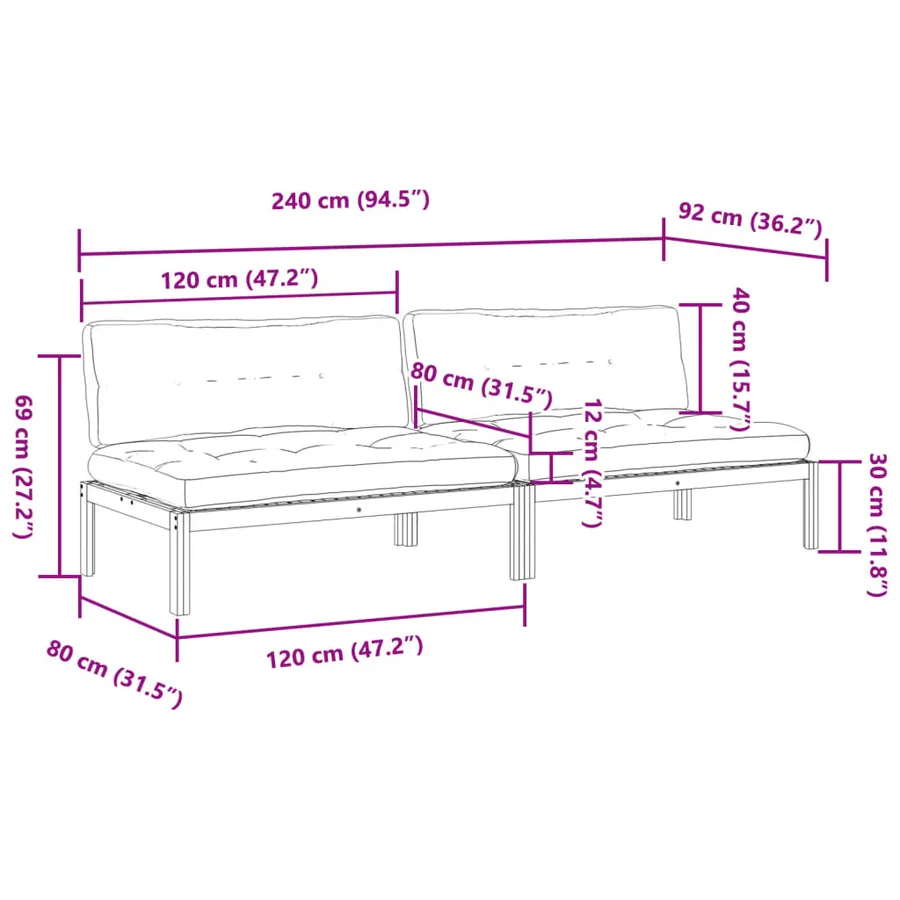 Canapés centraux palette de jardin 2pcs et coussins bois acacia - 8