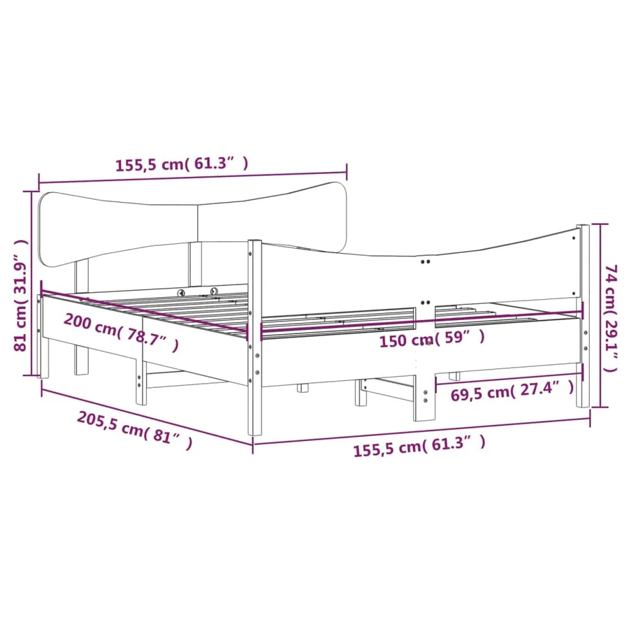 Cadre de lit sans matelas cire marron 150x200cm bois pin massif - 9