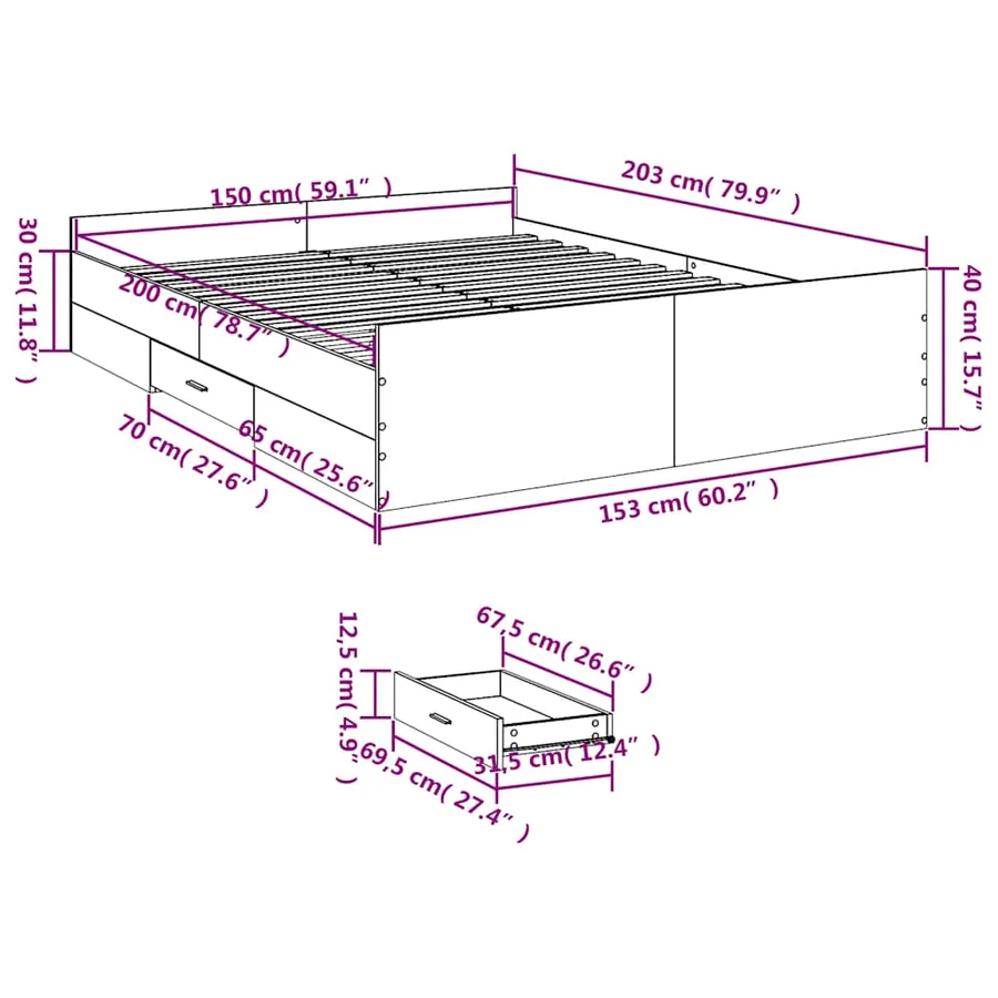 Cadre de lit avec tiroirs sans matelas chêne sonoma 150x200 cm - 11