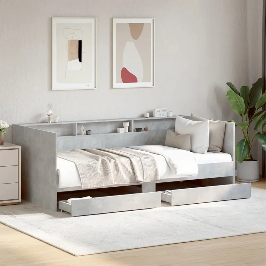 Lit de jour avec tiroirs sans matelas gris béton 100x200 cm