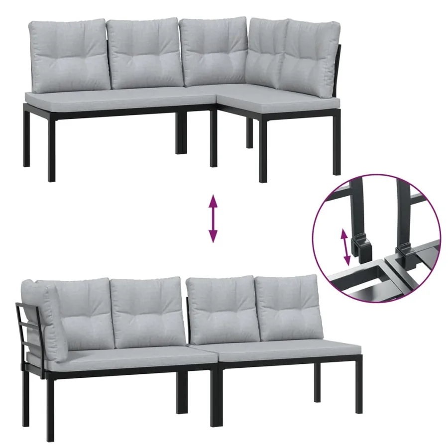 Ensemble de banc de jardin avec coussins 3 pcs noir - 5