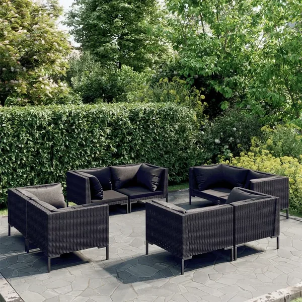 Salon de jardin 8 pcs avec coussins Résine tressée Gris foncé