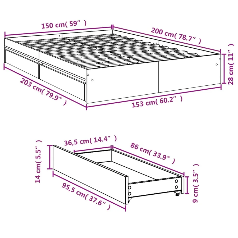 Cadre de lit avec tiroirs sans matelas sonoma gris 150x200 cm - 10