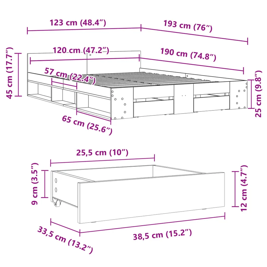 Cadre de lit avec tiroirs sans matelas chêne sonoma 120x190 cm - 10
