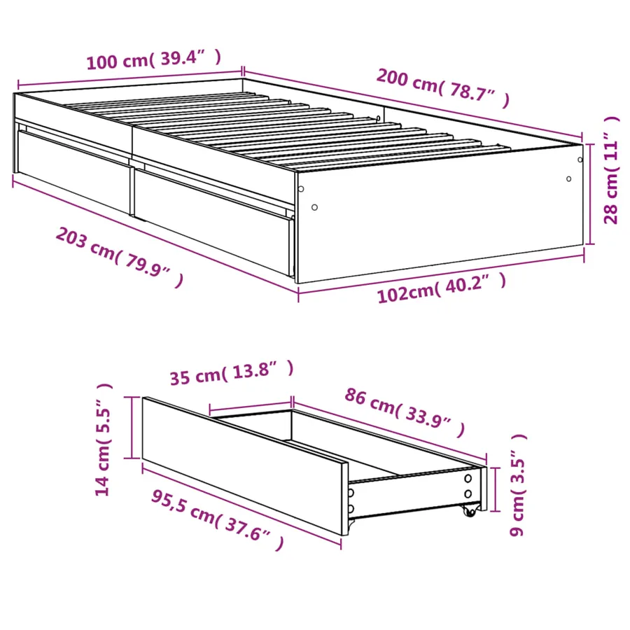 Cadre de lit avec tiroirs sans matelas sonoma gris 100x200 cm - 10