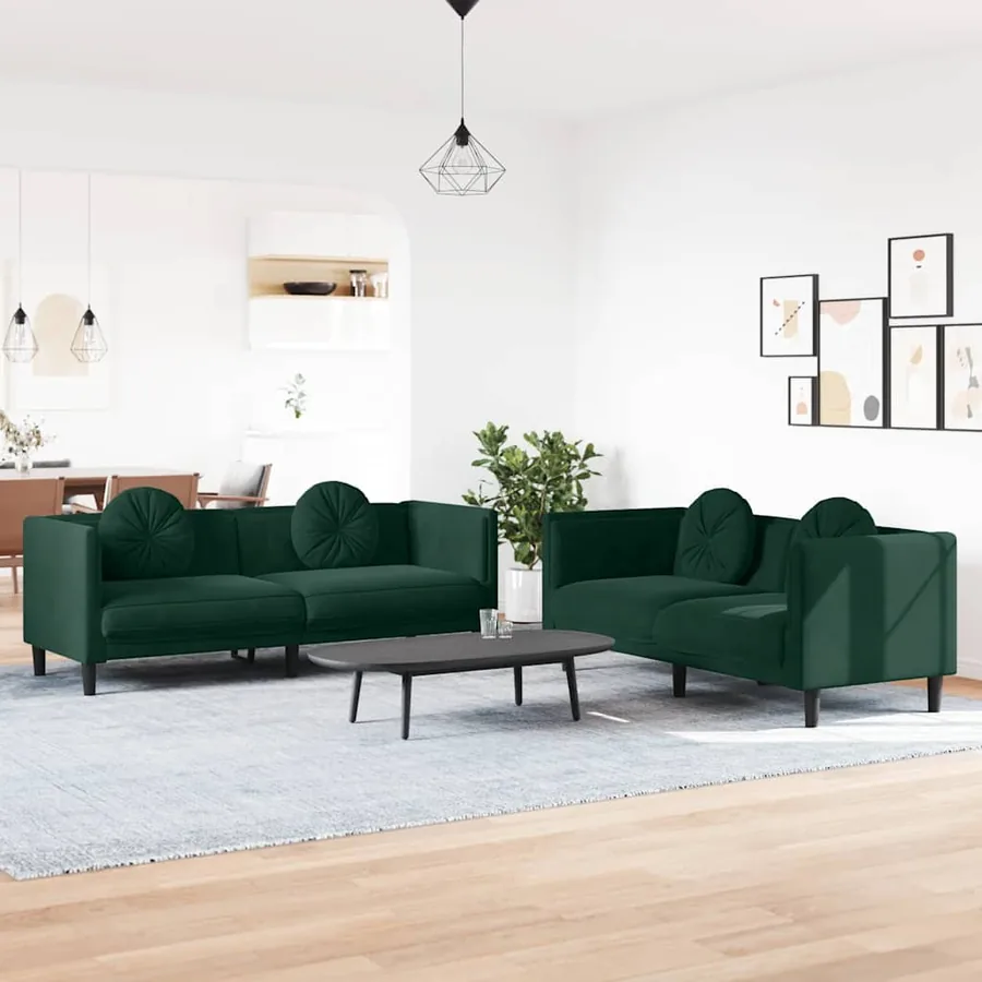 Ensemble de canapés 2 pcs avec coussins vert foncé velours