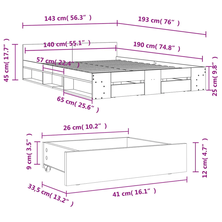 Cadre de lit avec tiroirs sans matelas sonoma gris 140x190 cm - 10