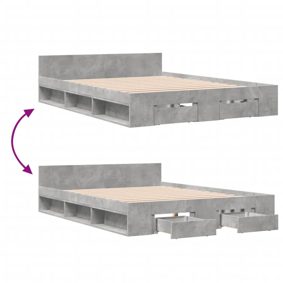 Cadre de lit avec tiroirs sans matelas gris béton 140x190 cm - 7