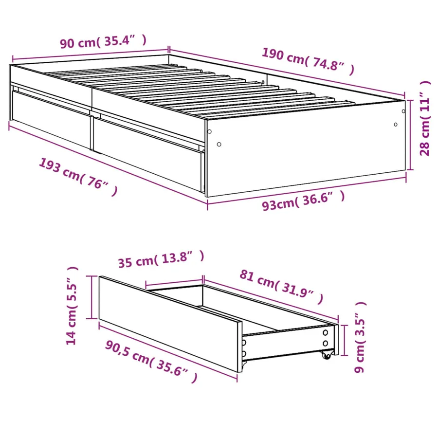 Cadre de lit avec tiroirs sans matelas chêne marron 90x190 cm - 10